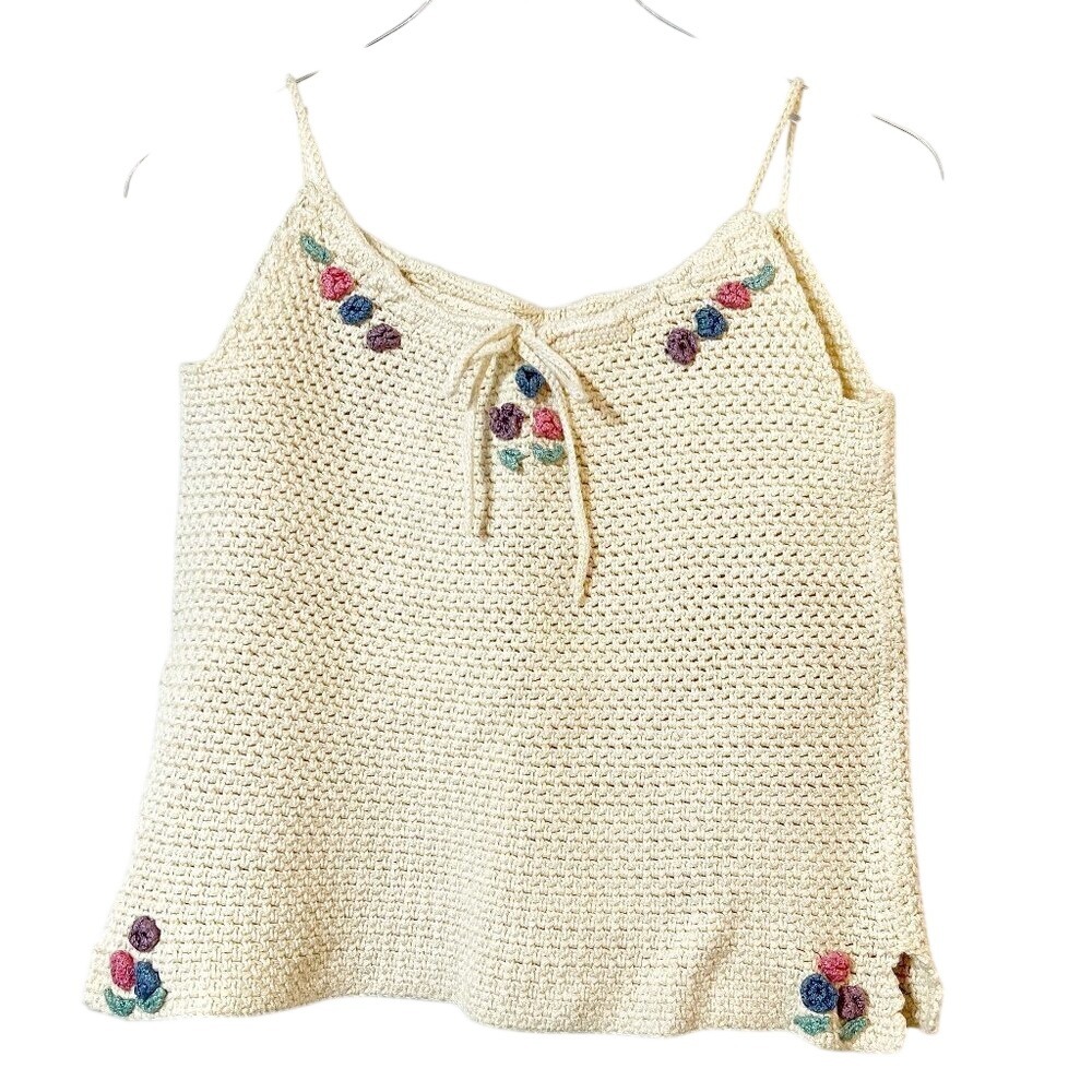 Hand Knitted Crocheted Cream Floral Spaghetti Strap Women's Crop Tank Top Sz S‎